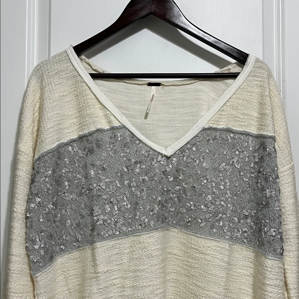 Free People Sequin Colorblock V Neck Tunic Sweater Sz Large